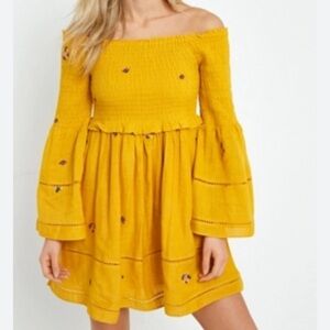 Free People Yellow Bell Sleeve Off Shoulder Mini Dress Womens Size Small